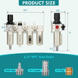 1/2" NPT Industrial Air Dryer for Compressor,4 Stage Air Compressor Water Separator System,Filter Oil Water Separator Dryer for Plasma Cutter and Paint Spray,Auto Drain