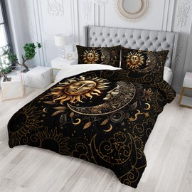 AILONEN Sun and Moon Comforter Set for Boys Girls, Queen Black and Gold Mandala Boho Exotic Style Bedding Set, 3 Pieces Sky Could Star Print Bed in a Bag,1 Comforter with 2 Pillowcases