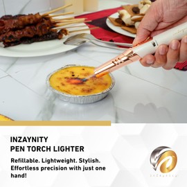 inZaynity Pen Torch Lighter - Windproof Jet Flame, Tiltable Head & Refillable Butane Torch with Adjustable Flame - Compact & Portable Lighters for Candle, Cooking, BBQ, Camping & DIY - White & Gold