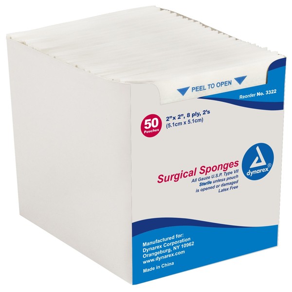 Dynarex Surgical Gauze Sponge Sterile 8 Ply, 2 x 2 Inch, 30 Count