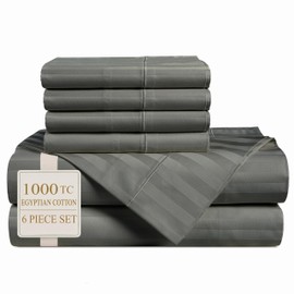 Casa Platino 100% Egyptian Cotton Sheets Queen Size Set - 6 Pieces - Damask Stripe - 1000 Thread Count - Ultra Smooth Sateen Weave Bed Sheets Set with 15" Deep Pockets - Dark Grey