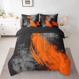 Feelyou Ombre Orange Black 7 Piece Bedding Set Queen Size Kids Abstract Bed Set Includes Comforter, Sheet Set, Pillowcases & Pillow Covers Geometric 7 Piece Bedding Set Modern Art Luxury