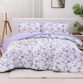 Mooreeke Floral King Size Comforter Sets, Lightweight Purple Lavender Botanical Printed Bedding for All Seasons, 3-Piece Vintage Bed in a Bag with Fluffy Quilted Reversible Comforter & 2 Pillow Shams