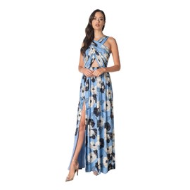 Dress the Population Women's Rose Sketched Plumeria On Georgette, Floor Length, Fit and Flare, V-Neck Dress, Wisteria Multi, Medium