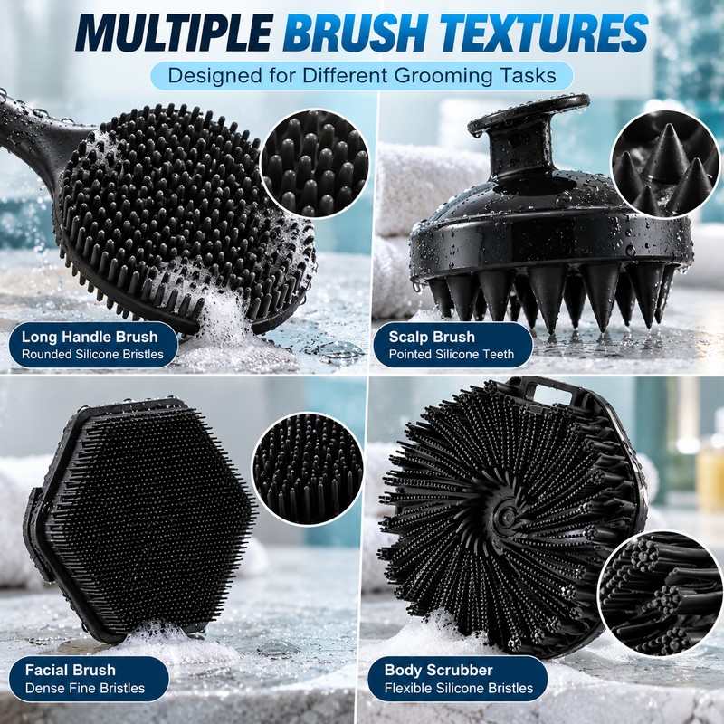 4-Piece Long Handle Bath Brush Set for Body & Face