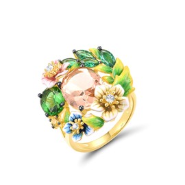 Santuzza Enamel Orchid Leaves Ring 925 Sterling Silver Champagne Glass Green Spinel Cubic Zirconia Ring for Women (9)
