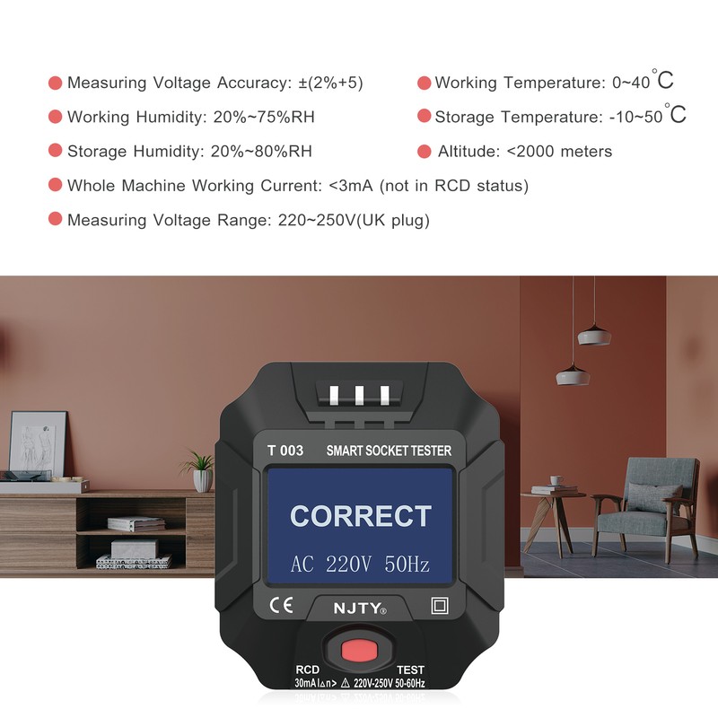 NJTY 220~250V UK Plug Socket Outlet Tester Smart Socket Tester