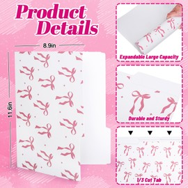 FYSUIMU 12 Pack Pink Bow File Folders Letter Size Pink White Coquette Bowknot File Pockets with 1/3 Cut Tab for Home Office Classroom Supplies, 8.9 x 11.6 Inch