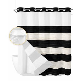 EwdeWwo No Hook Striped Shower Curtain with Snap in Liner, Black and White Shower Curtain for Bathroom Waterproof Vintage Farmhouse Stripe Bath Curtain with See Through Mesh Top Window, 72" x 72"