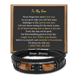 JoycuFF Bracelets for Son Tiger Eye Leather Bracelet Layered Birthday Graduation Gifts for Son I Love You Forever Engraved Braied Birthday Cuff Bangle Wrap Jewelry