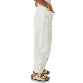 PLNOTME Womens Baggy Barrel Horseshoe Jeans Wide Leg Patchwork Low Rise Denim Pants with Pockets White