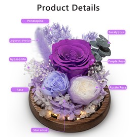 Flowers Roses Gifts for Mom, Forever Real Preserved Roses in Glass Dome, Mothers Day for Wife Girlfriend Women Best Friend Grandma,Birthday Gifts for Women (Purple Rose)