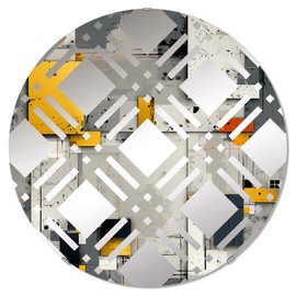 DesignQ Wall Pattern with Grey Cubic Stripes I - Striped Plaid - 32 Inches - Round Decorative Wall Mirror for Bathroom, Bedroom, Entryway, Living Room, Vanity Room and Modern Décor