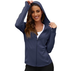 We1Fit Women's UPF 50+ Sun Protection Jacket Hooded Zip Up SPF Shirts Long Sleeves Navy Blue