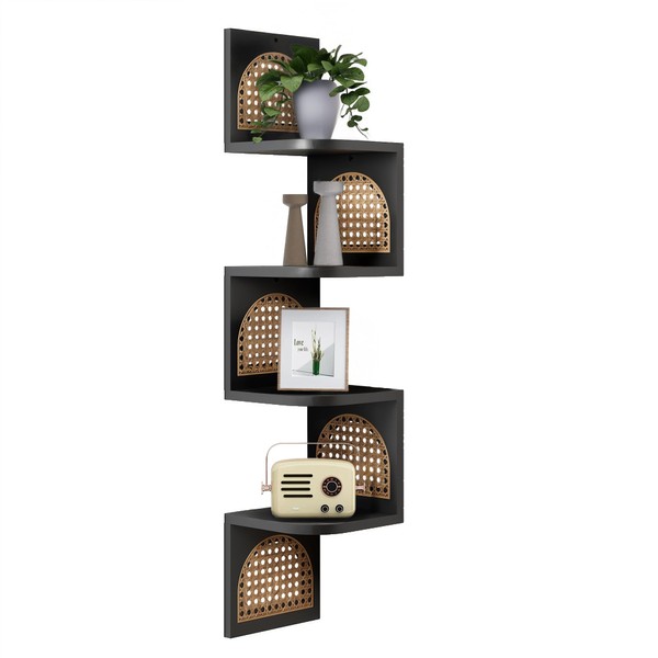 LuxeSand 4-Tier Rattan Corner Floating Shelves - Black Corner Shelves