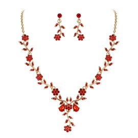 Clearine Women's Wedding Jewellery Set Leaf Cluster Flower Crystal Pendant Necklace Dangle Earrings for Bride, Alloy Steel Crystal Alloy steel, Ruby