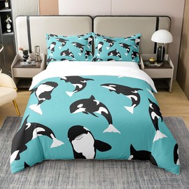Killer Whale 100% Cotton Duvet Cover 135 x 200, Cartoon Killer Whale Comforter Cover for Children, Coastal Sea Animal Bedding Set, Kawaii Sealife Room Decor Quilt Cover with Zip, Blue, Black, White