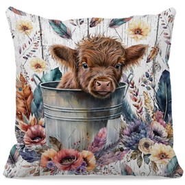 OFlich Baby Cow in a Bucket Boho Flowers Floral Throw Pillow Cover 18"x18",Farmhouse Summer Flower Floral Decorative Cushion Cover for Home Girls Room Living Room,Gifts for Cow Lovers Women Girls
