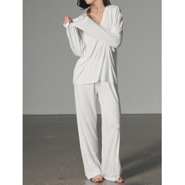 Famulily Night Suits for Women Vacation Outfits Loungewear Two Piece Sets V Neck Postpartum Lounge Sets White S