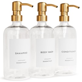 Stylish Shampoo and Conditioner Dispenser Set of 3 - Modern 21oz Shower Soap Bottles with Pump and Labels - Easy to Refill Body Wash Dispensers for an Instant Bathroom Decor Upgrade Clear