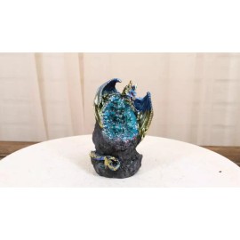 Blue Ice Dragon With Colorful LED Quartz Faux Geode Rock Crystal Cove Figurine