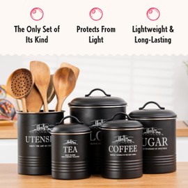 noonberry Canisters for Kitchen Counter, Set of 5 Black Containers, Airtight Coffee Tea Flour Sugar Canisters Sets for the Kitchen Countertop & Kitchen Utensil Holder