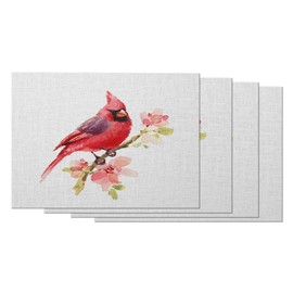 Moslion Red Bird Placemats Rustic Farm Animal Cardinal Wild Flowers Leaves Branch Cool Funny Table Placemats for Dinning Table Washable Cotton Linen 12x18 Inch, Set of 4…
