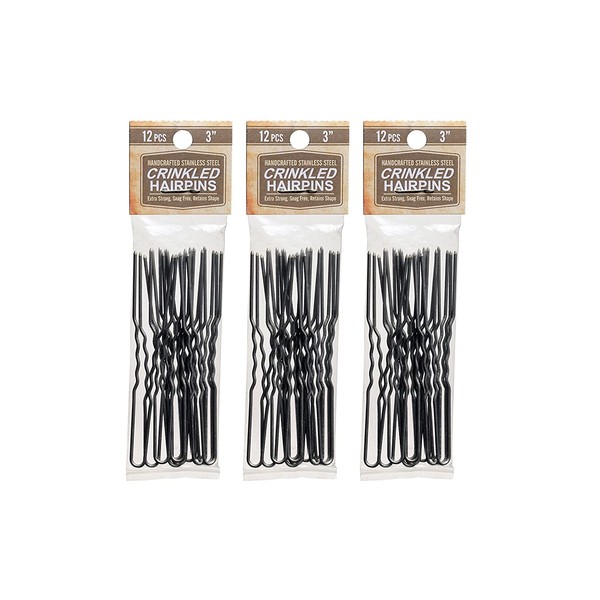 Amish Valley Products Hairpins Crinkled Heavy Duty Stainless Steel Handmade Hair Pin Use in place of Hair Clips Barrettes Bobby Pins Snag-less (3 Inch, Stainless Steel)