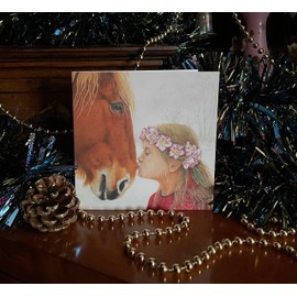 A Rare Breed Horse Christmas Card - 'Suffolk Rose' Equestrian Cards with Suffolk Punch, Child and Flowers. Printed Inside. UK Made Recyclable.