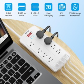 Surge Protector Power Strip, POWSAF 5Ft Flat Plug Extension Cord with 8 Outlets and 2 USB-C 20W Fast Charging Ports and 2 USB-A Ports for Home, Office, 2700 Joules, ETL, White