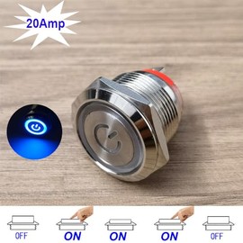 Gebildet Gebildet 19mm 20A/12-24V Blue LED Latching Stainless Steel Push Button Switch Waterproof 4 pin SPST Switch Short Type Push Button