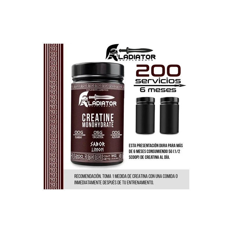 Creatina Gladiator Monohidratada 1kg 200 Servicios