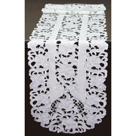 Creative Linens Embroidered Floral Table Runner 15x70 Oval Dresser Scarf White
