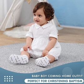 Baby Boy Romper Baby Outfit Collared Short Sleeve Romper Baptism Christening Outfits for Boys Summer Church Jumpsuit Newborn Coming Home formal Overall 6-9 Months