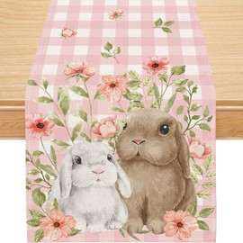 Siilues Easter Table Runner, Easter Bunny Decorations Foral Easter Runner for Table Seasonal Spring Holiday Decor for Indoor Outdoor Dining Table Decorations (13'' x 36'')