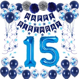 NANINUNENO 15th Birthday Party Decorations In Blue Boys And Girls, Supplies Happy Balloons With Banner, Numbers, Star Streams, Swirls Hanging