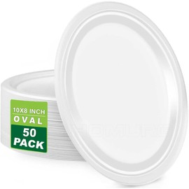 PACK of 50, 10"x 8" Large Strong Disposable Bagasse Plates Oval, USED for HOT & COLD FOODS for LUNCH & DINNER PARTY, EcoFriendly Party Plates, Food Safe, Large Disposable Plates, Strong Dinner Plates