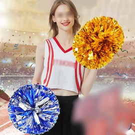 FSSTUD 2 Pcs 14 Inch Cheerleading Pom Poms Large Cheer Pom Poms Dance Team Pom Poms Baton Handle Pom Poms with 2 Pcs Cheerleader Hair Bows for Teen Girls Blue