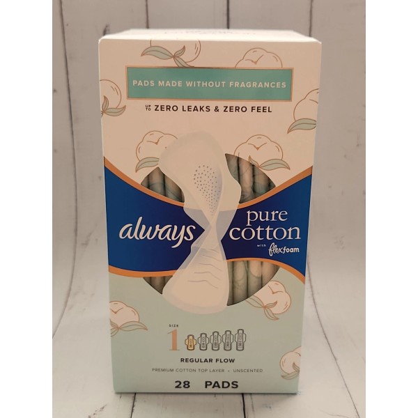Always Pure Cotton Feminine Pads, Size 1, Regular Flow, Unscented,