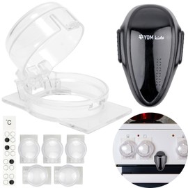 Cooker Child Lock Set, 6 Pack Button Covers, 1 Pack Oven Door Child Lock in Black, for Max. Diameter 4.9 cm and 4 cm High Cooker Knobs with Minimum 6.1 cm Distance Centre/Centre, Cooker Protection