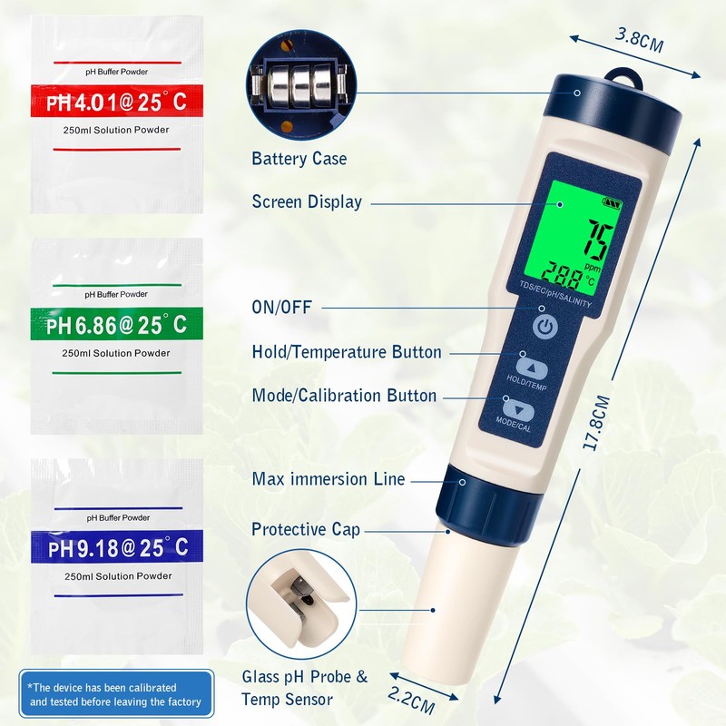 5-in-1 pH Meter with LCD Display, Precision Measurement of PH,