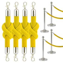 4PCS Yellow Velvet Rope – 5FT VIP Rope Barrier with Silver Hooks Thick Velvet Set 5 Foot for Crowd Control Stanchion Set and Posts Party Decor