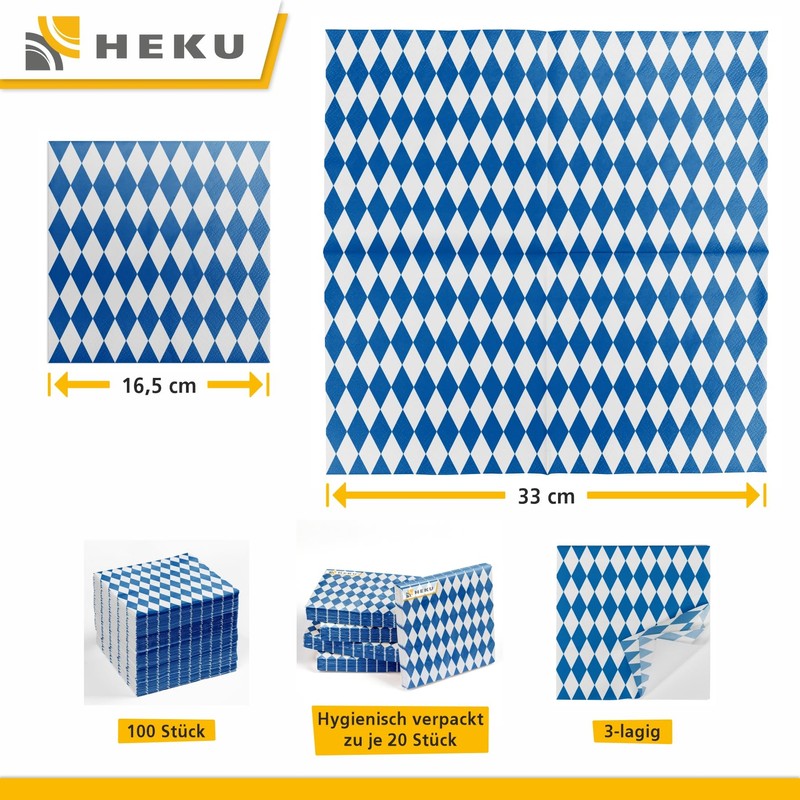HEKU 100 napkins, 3-ply, 33 x 33 cm, Bavarian blue,