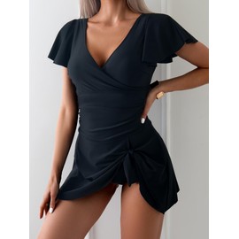 Eagerbuy Women's One Piece Swimdress Swimsuits for Women Tummy Control Swim Dresses Skirt Ruffled Bathing Suit Black