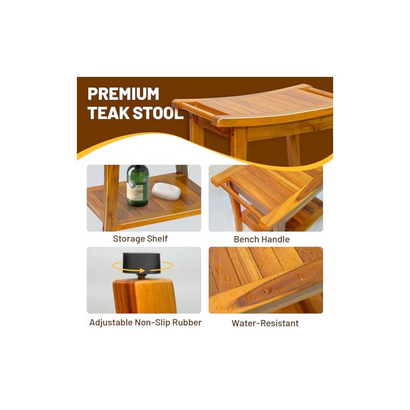 20" Premium Teak Shower Bench with Shelf & Handle, Solid