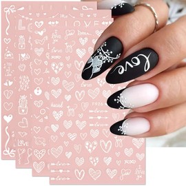 Valentine's Day Nail Art Stickers 8PCS Love Heart Nail Stickers 3D Self-Adhesive White Love Heart Letter Design Nail Decals for Valentines Nail Art Decorations Supplies Manicure Sliders Tips for Women