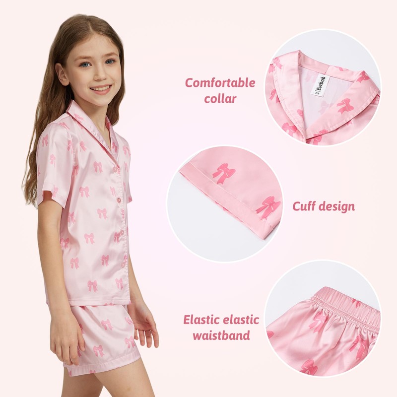 Ewbob Girls Silk Satin Pyjamas Set Short Sleeve Button-Down Kids