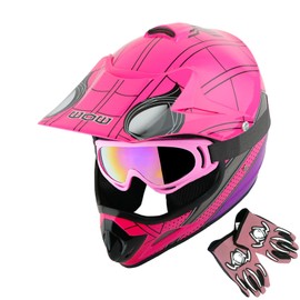 WOW Youth Kids Motocross Helmet BMX MX ATV Dirt Bike Helmet Spider Pink + Goggles + MG Youth Pink Glove Bundle