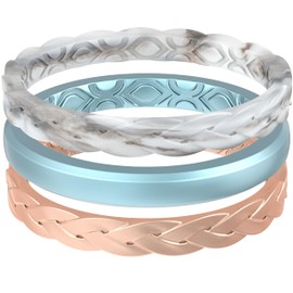 ThunderFit Stackable Silicone Rings for Women, Breathable Rubber Wedding Bands - Braided Design 3mm Wide 1.8mm Thick - 3/8 Variety Multipack (Pack L - Size 8.5-9 (18.30mm))