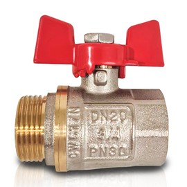 PipeSan Ball Valve 3/4 Inch Double Thread (Female/Male Thread) with Wing Handle, Nickel-Plated Brass Ball Valve with Female/Male Thread, Ball Valve with Thumb Screw for Full Flow